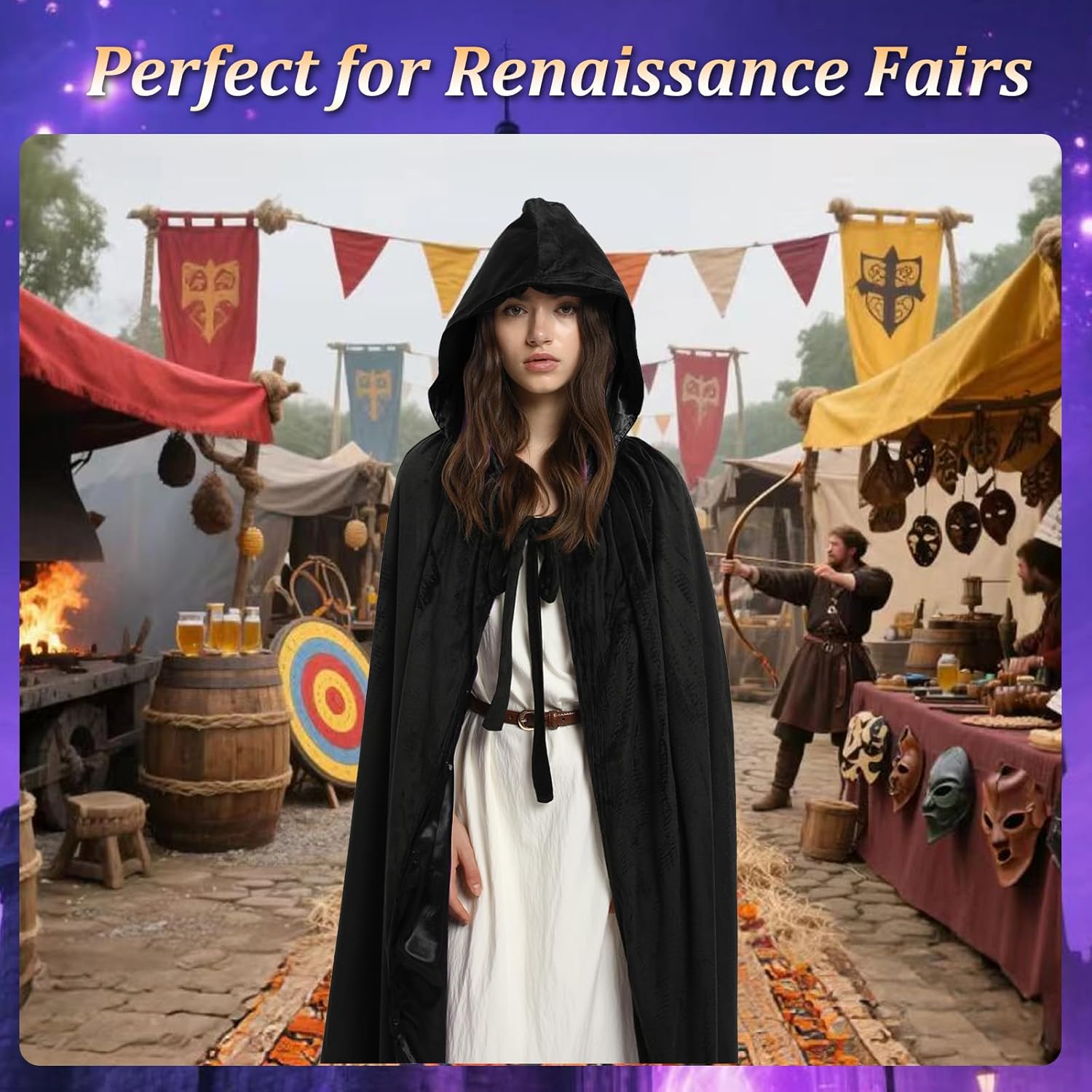 Charm&Cstay Velvet Cloak with Hood Women, Reverse Medieval Hooded Cloak - Image 8