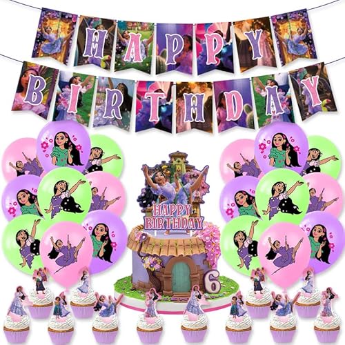 33 unidades Isabela decoración de cumpleaños, globos Isabela Madrigal, guirnaldas en espiral Encanto para tartas, pancarta de feliz cumpleaños, niña mágica cumpleaños Cover