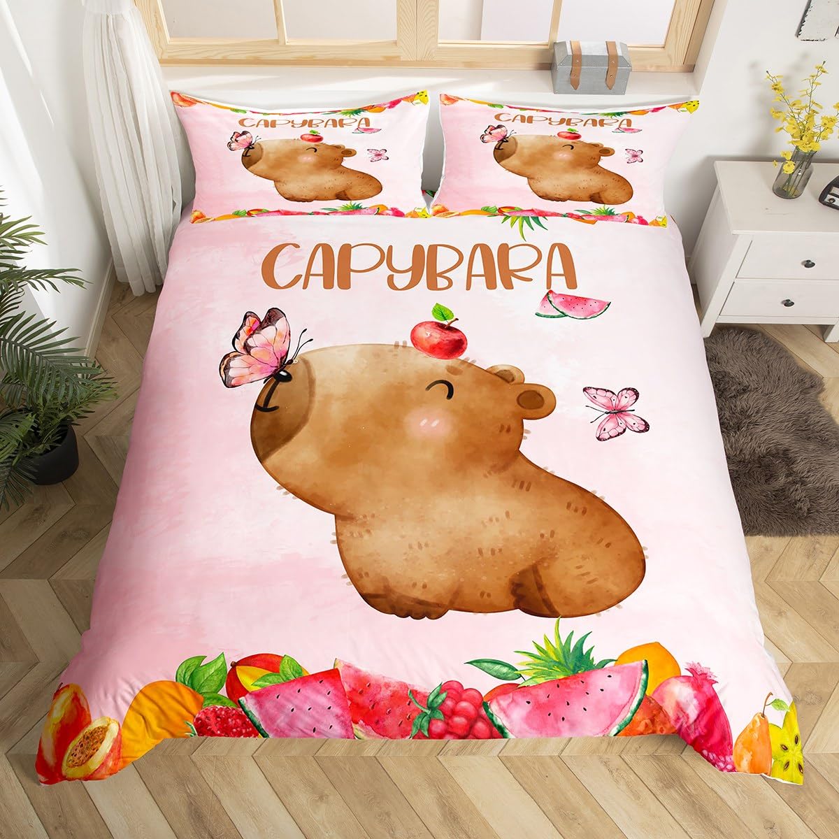 Homewish Kids Cute Capybara Duvet Cover Set Girls Pink Bedding Double - Cartoon Capybara Animal Print Quilt Cover with 2 Pillowcases - Watercolor Butterfly Bed Sets with Sweet Fruit Pattern โ image 1