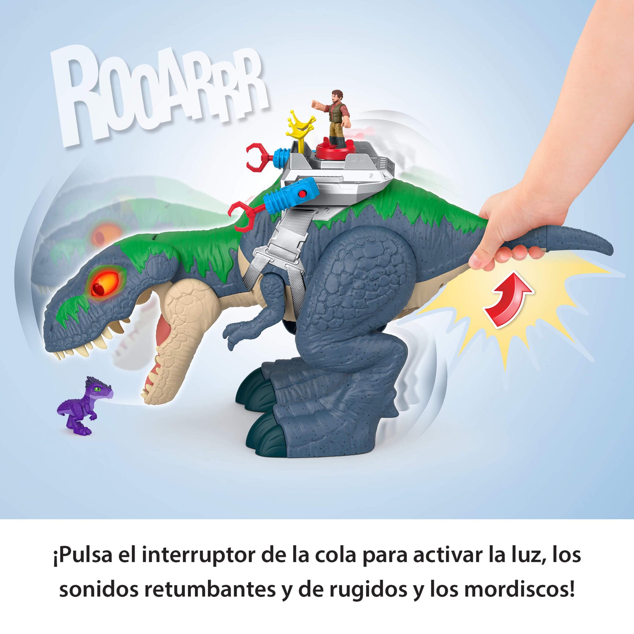 Fisher-Price Imaginext Jurassic World Rebirth Conjunto de juego T. Rex Mordiscos y acción, dinosaurio de juguete de 45,72cm con luces, sonidos, movimiento y 2 figuras de acción de 7,62cm, JGR40