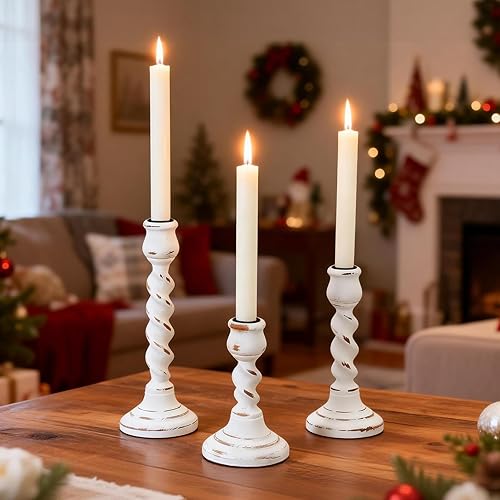 Pillar Candle Holder, 3 Pcs Rustic White Candle Holders Sets, 100% Solid Wood Decorative Candlestick Holders Distressed Wooden Farmhouse Decor