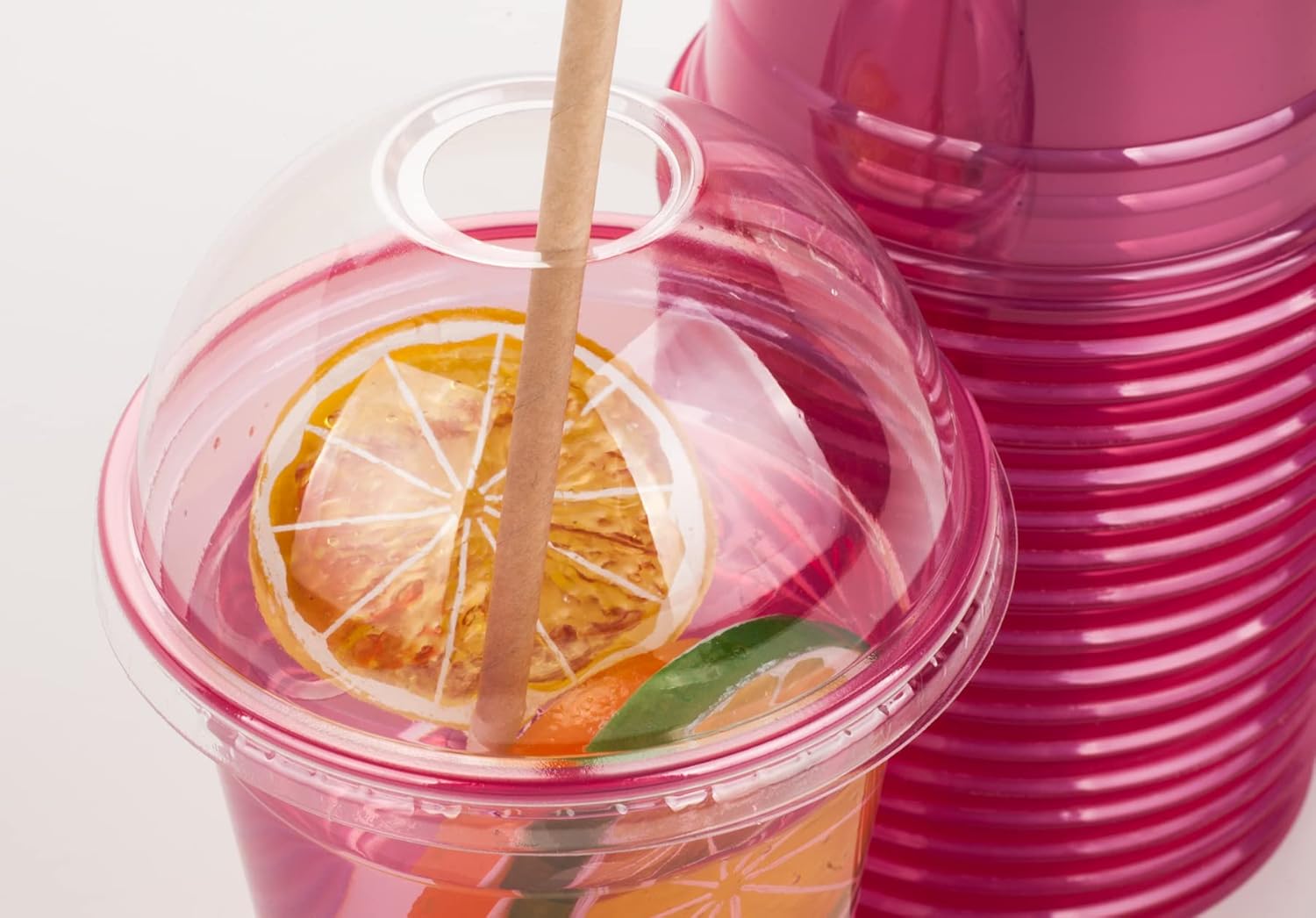 Golden Apple, 12oz 50sets Pink Red Plastic cups with Clear Dome lids with hole (50cups+50lids) BPA Free - Image 3