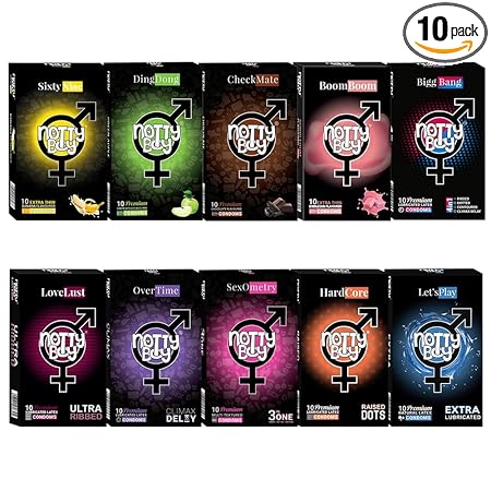 NOTTY BOY Assorted Honeymoon Pack Condom For Men - Ultra Ribbed, Raised Dotted, Climax Delay, Extra Lubricated, Super Thin, 3in1 Ribs Dots Contour, BiggBang 4 IN 1 Flavour (Set of 10, 100 Pieces)