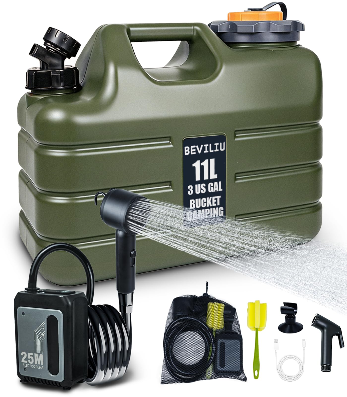 Beviliu Portable Camping Shower with 11L Food Grade Jug, Lightweight Design & IPX8 Waterproof, Rechargeable Pump with LED Display, Portable Shower for Camping, Beach, Hiking, Pet Cleaning