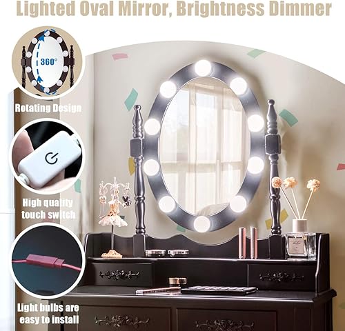 Miniatura 5 de DORTALA Juego de mesa de tocador, mesa de maquillaje con espejo iluminado, 4 cajones, taburete acolchado, pierna de madera maciza, 10 bombillas