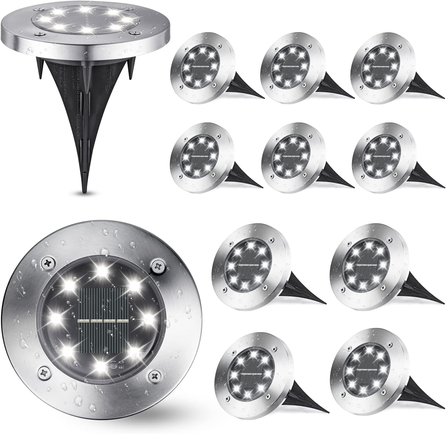 Solar Ground Lights, 12 Pack 8 LED Pathway Lights Waterproof In-Ground Outdoor Landscape Lighting Disk for Patio Lawn Yard Driveway Walkway (White)