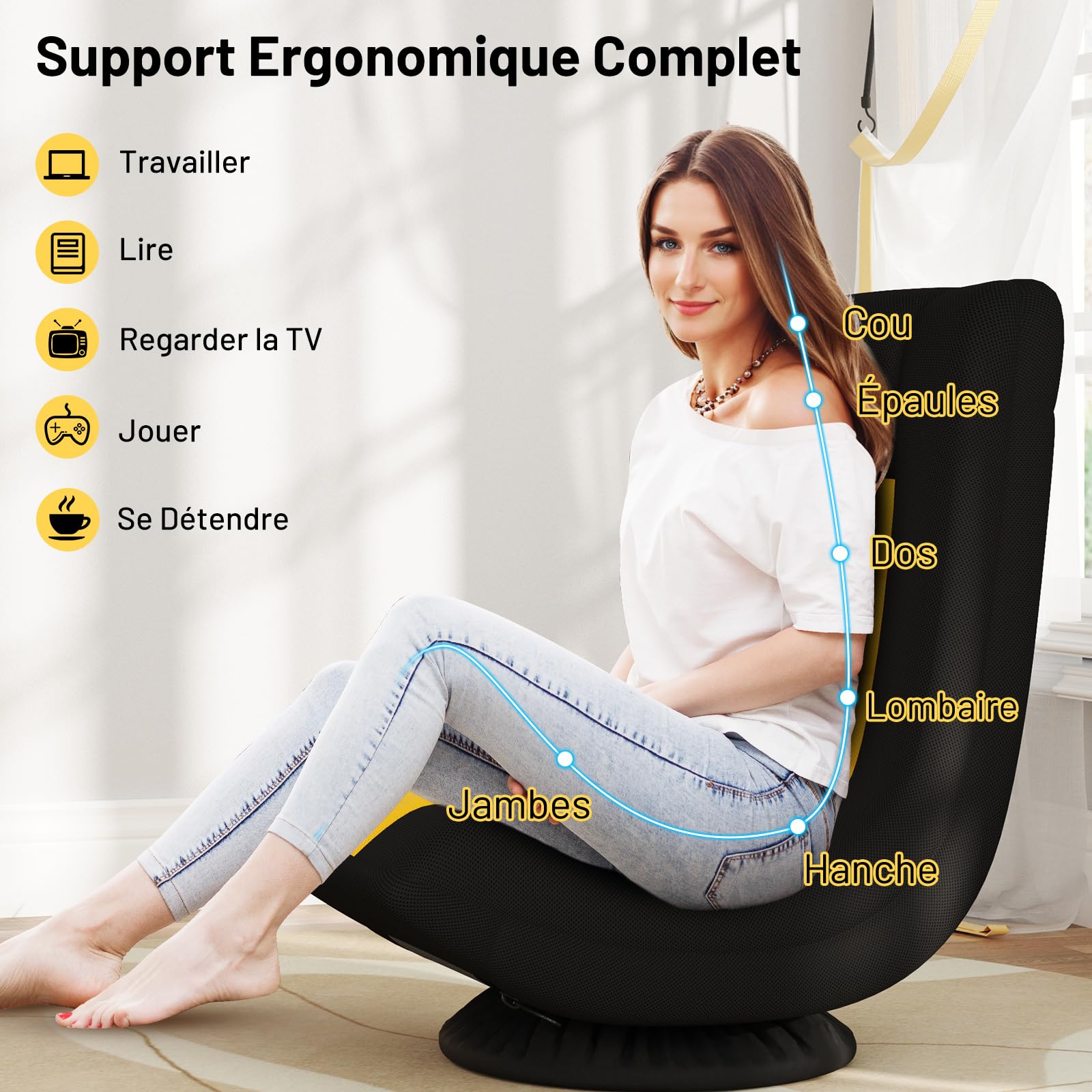 COSTWAY Fauteuil Gaming, Fauteuil de Sol Pliable, Chaise Gaming Pivotant à 360° avec Dossier Réglable, Canapé de Sol, Cadre en Métal Robuste, pour Adultes, Adolescentes, Enfants (Jaune)