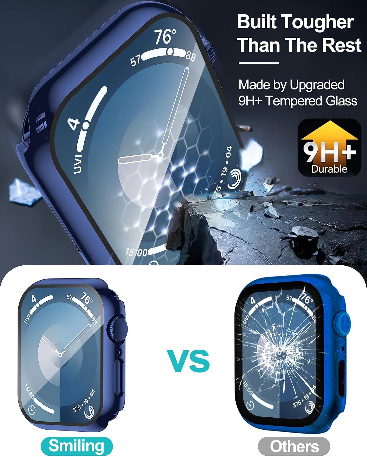 Smiling 2 Pack Case Compatible with Apple Watch Series 9 (2023)/Series 8 /Series 7 41mm with Tempered Glass Screen Protector, Hard PC Case Overall Protective Cover - 1 Blue + 1 Transparent image 3