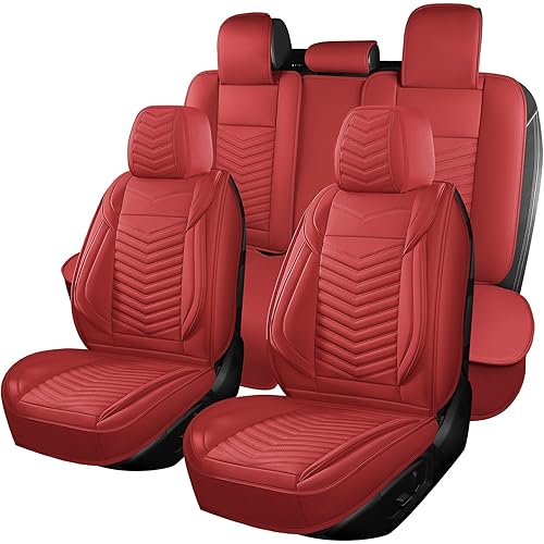 Nappa Leather Car Seat Covers Full Set, Red Car seat Protector 5 Seats, Waterproof Car Seat Cushion, Universal Automotive Seat Covers Fit for SUV Truck Pick-up Sedan, Front and Rear