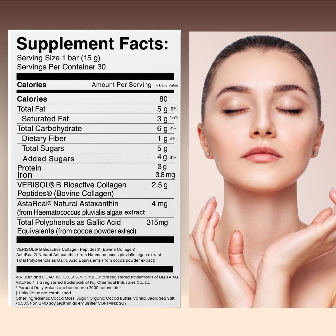 Cacao Bella®️ Clinically Proven Collagen Supplement Dark Chocolate Bars, 2,500 mg VERISOL® Bioactive Peptides, 4 mg AstaReal® Astaxanthin & Cocoa Flavanols, Supports Skin Elasticity, Hair & Nails