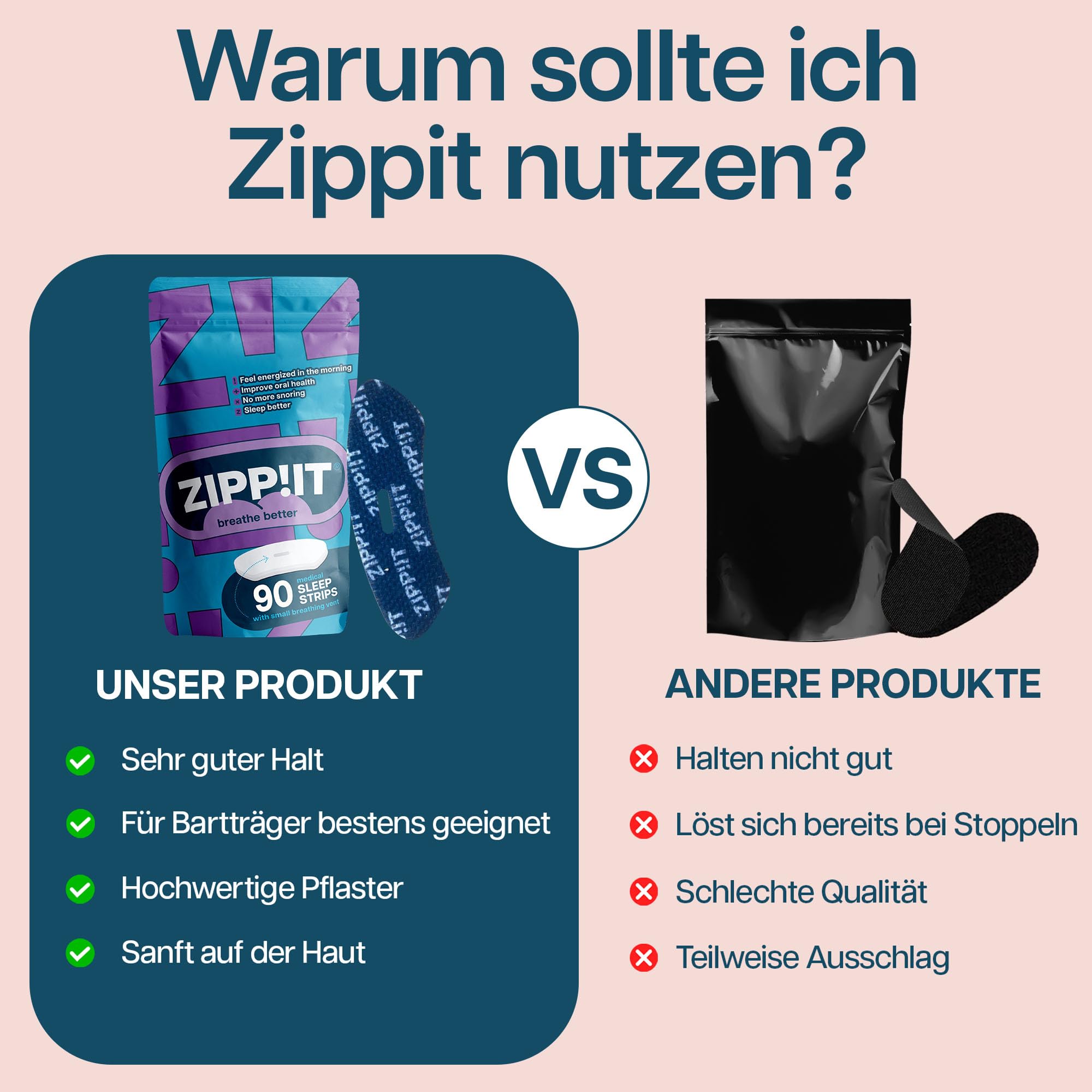 Zippit Mundpflaster Schlafen, Hautfreundliche Mouth Strips, 360 Stück | Optimierte Passform für angenehmes Tragen; sanfte Mundabdeckung beim Schlafen