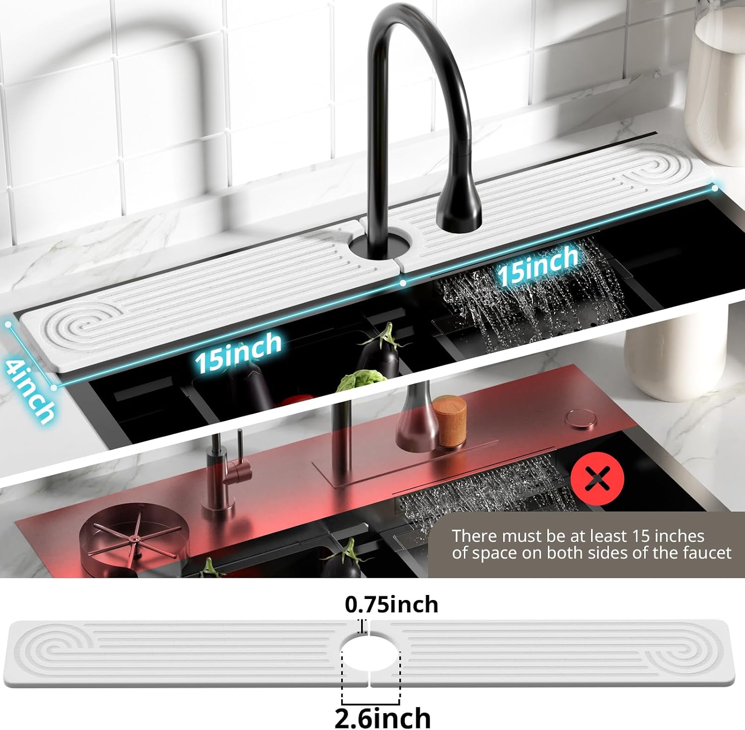 Quick Dry Sink Splash Guard - 30" Instant Dry Diatomite Faucet Mat Stone Sink Tray - Quick Drying Water Stone - for Kitchen and Bathroom Sink - White