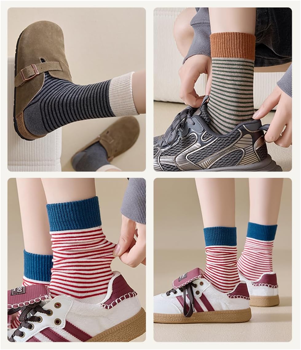 4 Pairs Cotton Fashion Athletics Retro Cute Striped Crew Socks for Women - Image 2
