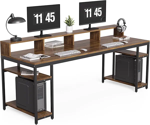 LITTLE TREE 2-Person Desk with 4 Storage Shelves, 78.74" Extra Long Double Computer Desk with Monitor Stand, Large Dual Workstation Gaming Table for Home Office, 350 lb Capacity, Rustic Brown
