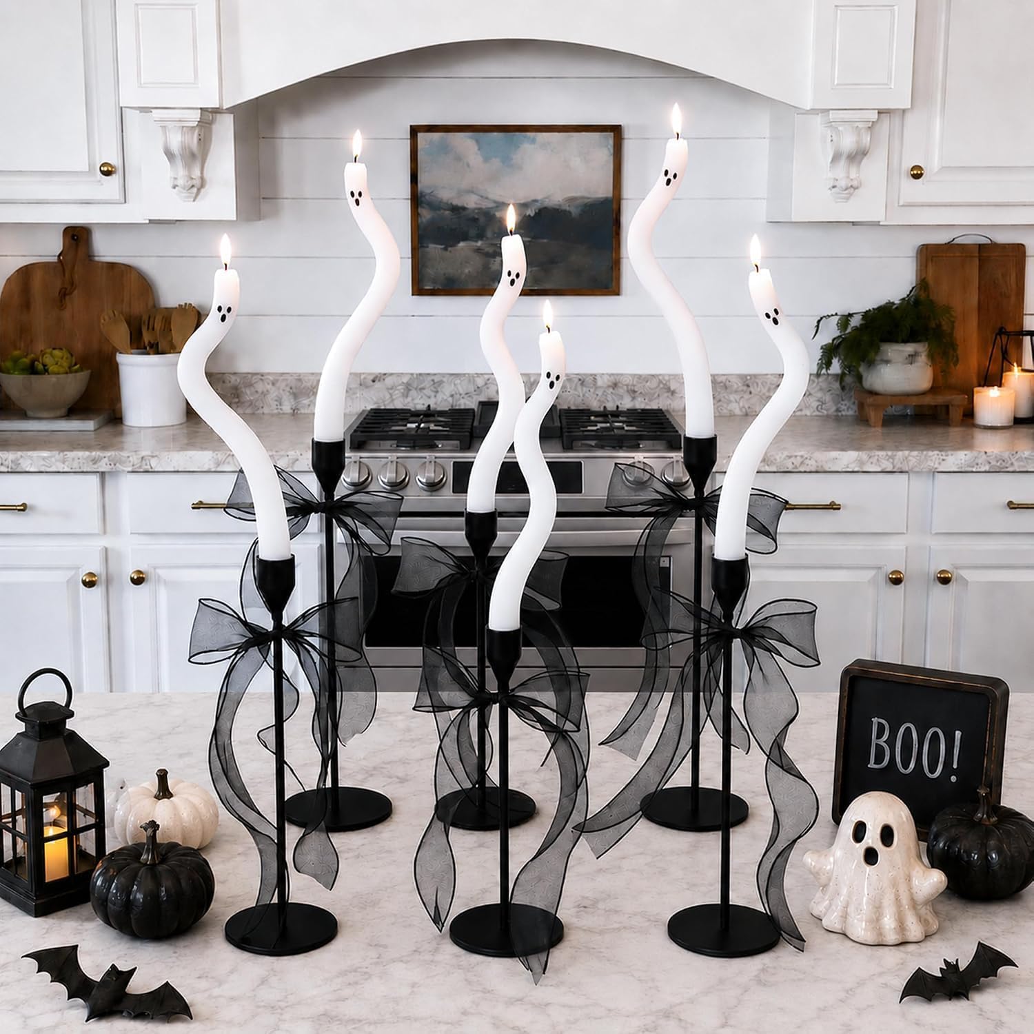 6 Pack Ghost Taper Candles Halloween, Cute Ghost Shaped Candlesticks with Spooky Faces, Bent Twisted Halloween Centerpieces for Table Mantel Decor, Indoor Party Decorations & Home Ambiance