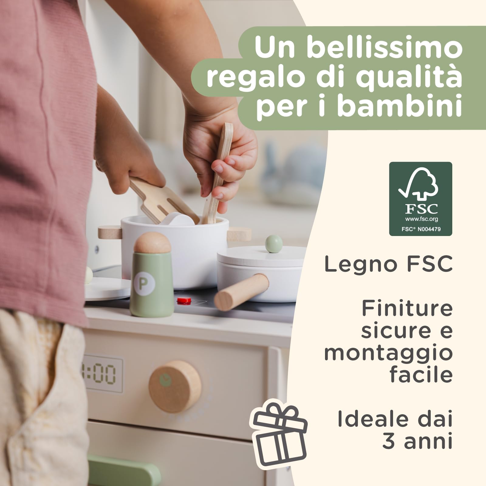 Nene Toys Cucina Giocattolo per Bambini – Cucina in Legno per Bambini con Luci e Suoni, Microonde e Forno, Ripiani e Ganci + Accessori – Gioco Montessori dai 3 Anni – Idea Regalo Bambina e Bambino