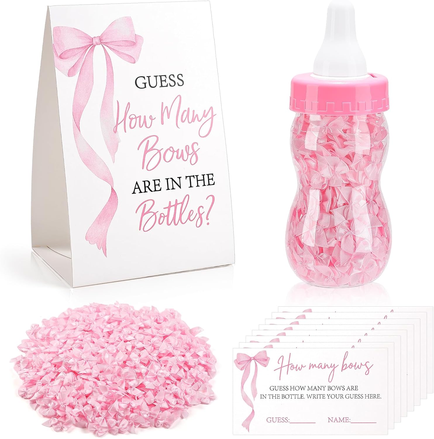Guess How Many Baby Shower Game, Pink Bow Them for Baby Shower with 1 Sign, 50 Guess Cards, 1 Baby Bottle and 500 Mini Pink Bows, Guess How Many Bows are in The Bottle Gender Reveal Party Favors