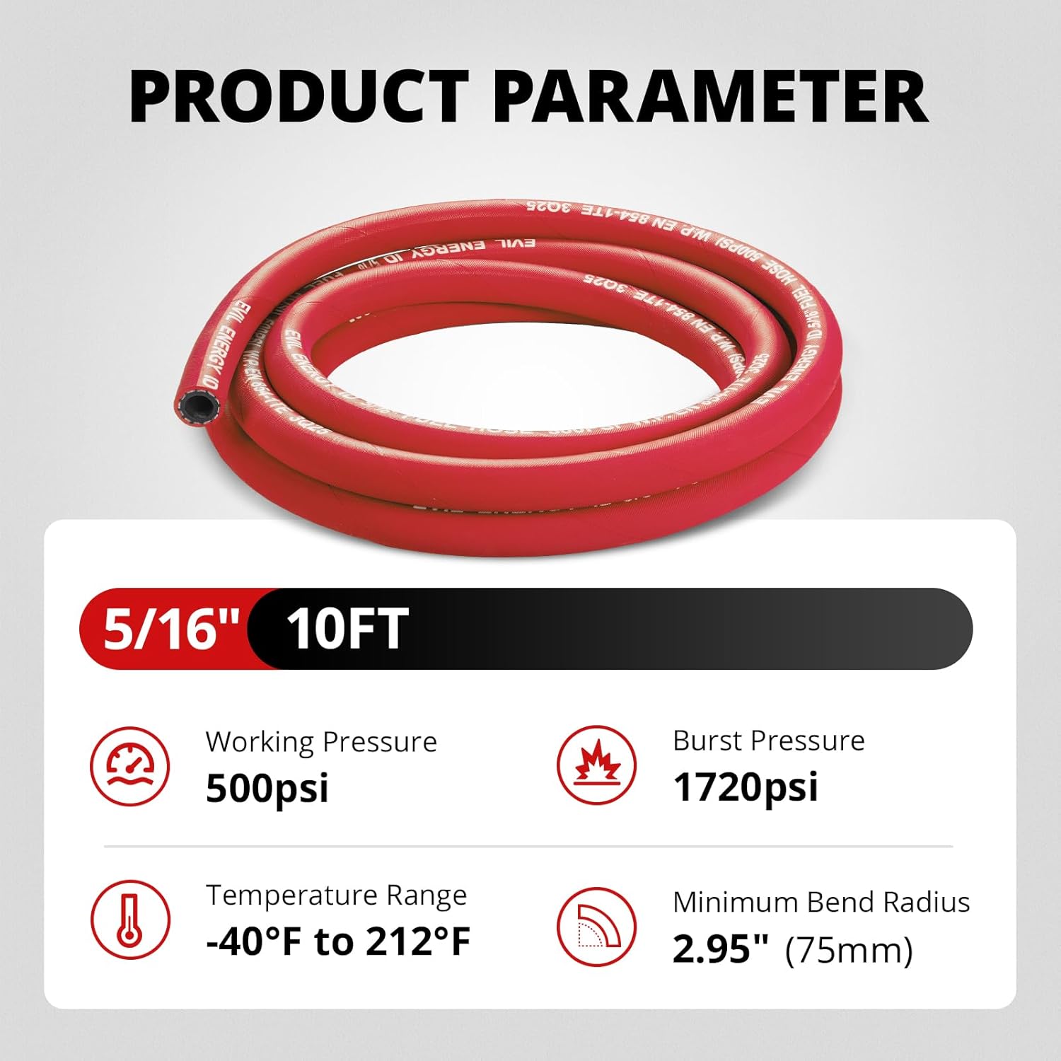 EVIL ENERGY 5/16" High Pressure Fuel Line Hose 10FT 500PSI E85 for Fuel Systems Engines NBR Rubber EN854-1TE Red