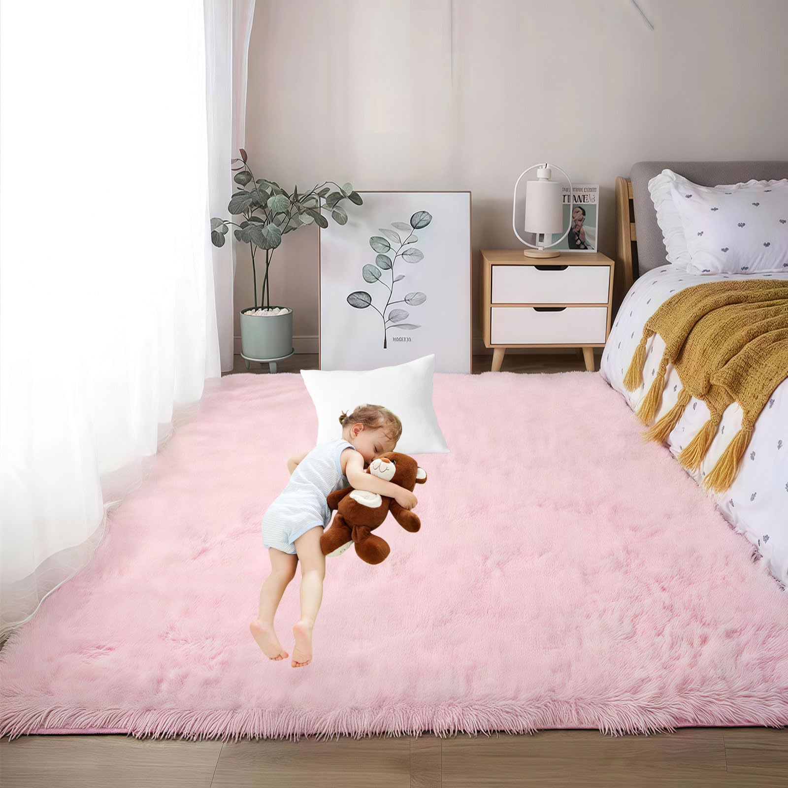 Tapis chambre shaggy antidérapant 170x300 cm contre le sol froid rose