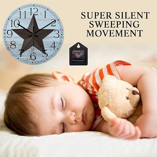 Miniatura 3 de Reloj de pared redondo de estilo retro con estrella de Texas occidental, reloj de madera, silencioso, sin tictac, funciona con pilas, con números