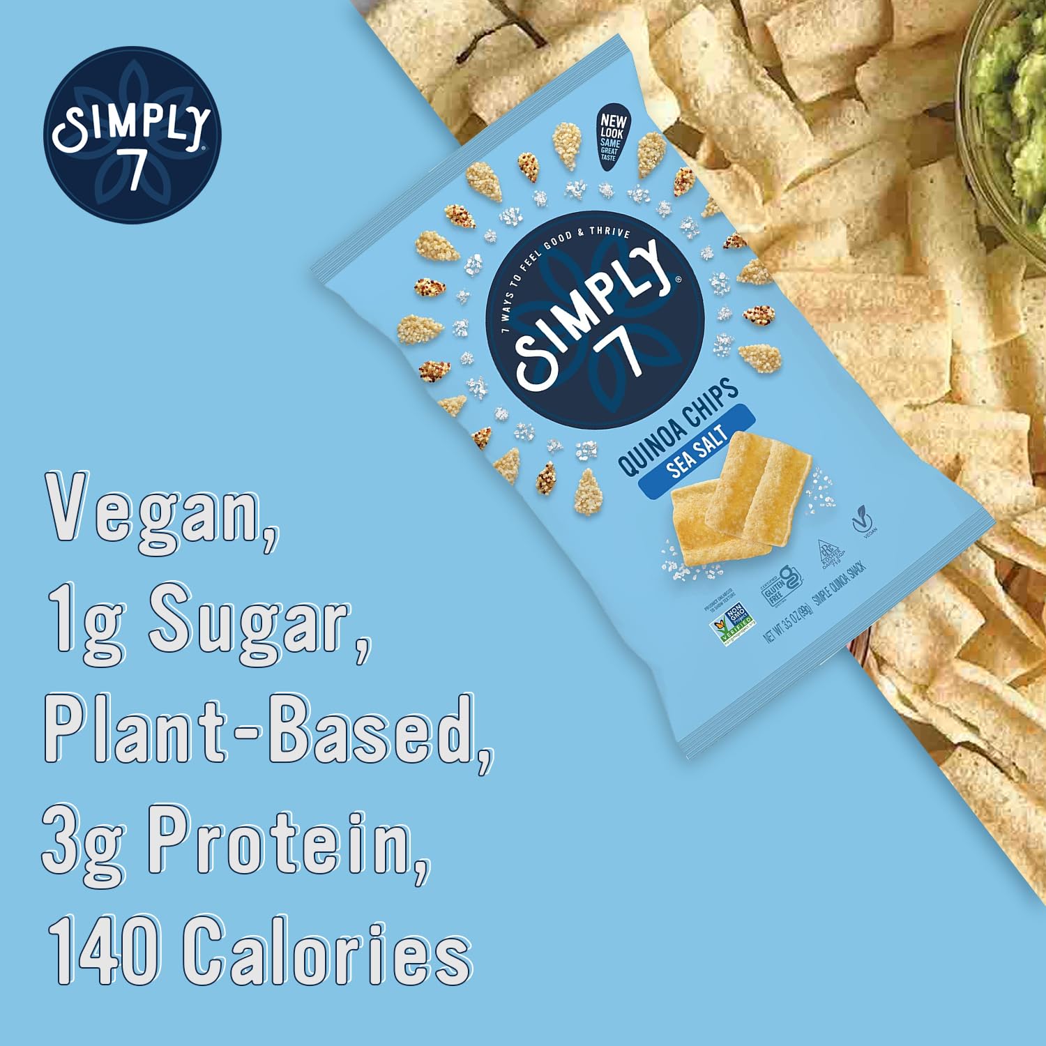 Simply 7 Quinoa Chips Sea Salt, Gluten Free Snacks, Vegan Chips, Plant-Based Crunchy Bites, Low Calorie, Nut-Free, Veggie Snacks, Non-GMO, Healthy Vegetable Snack Option 8 Pack, 3.5oz