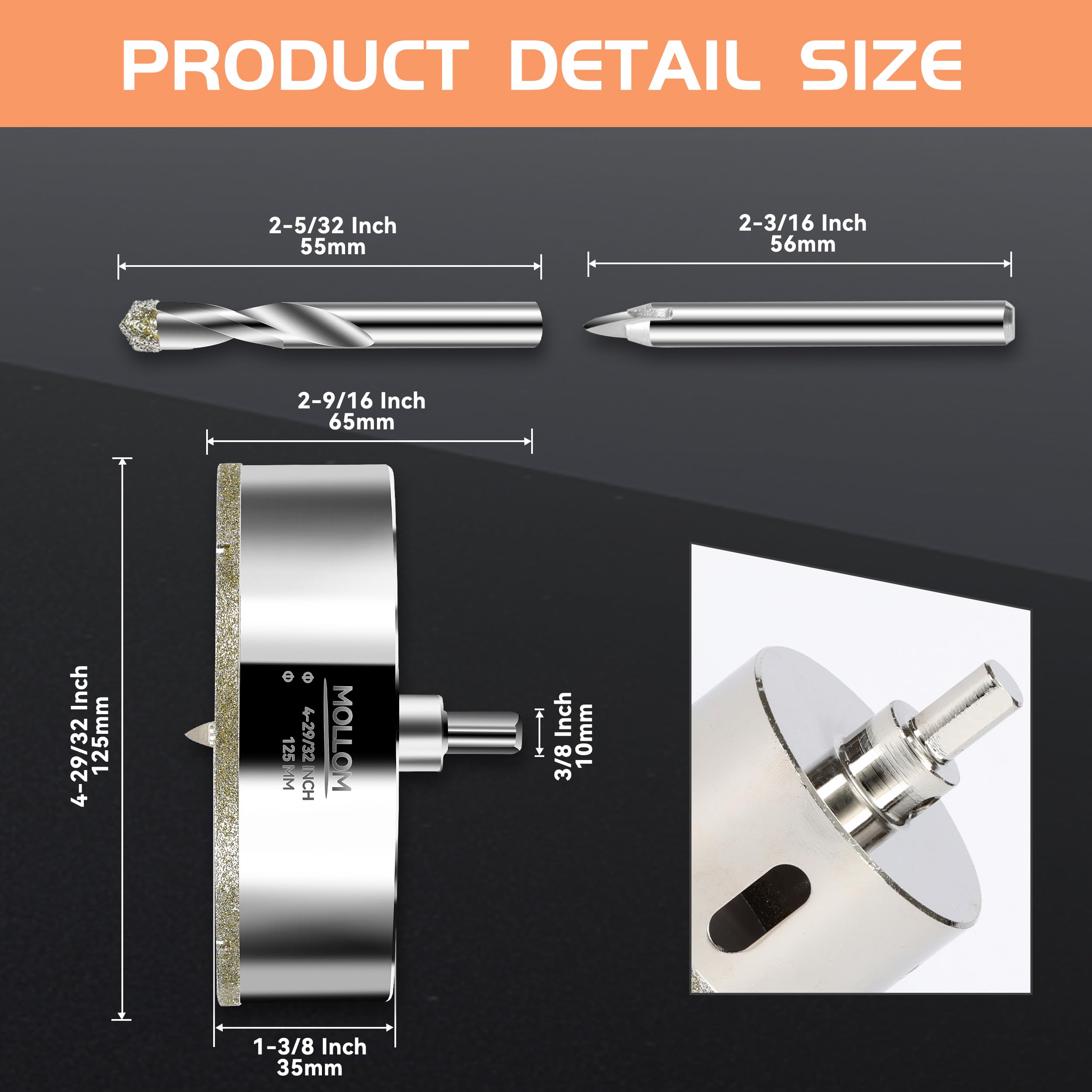 MOLLOM 4-29/32" (125mm) Diamond Hole Saw with 2Pcs Removable Pilot Drill Bit Smooth Cutting for Porcelain Tiles,Glass,Ceramic,Marble,Fiberglass,etc - Image 2