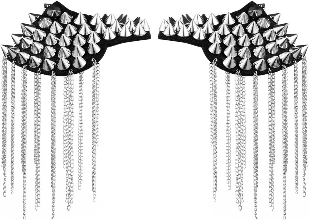 Tassel Epaulets Shoulder Badge with Rivet Metal Fringe Epaulet 4.33 Inch Costume Shoulder Board Accessories for Men Women Party Stage