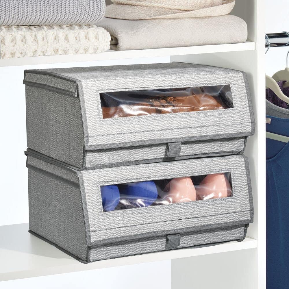 Best Promo mDesign Fabric Large Storage Box Bin with Clear Window and Hinged Lid - Holder for Mens and Womens Dress Shoes, Boots, Pumps, Sandals, Flats - Modern Closet Organizer Solution - 8 Pack - Gray