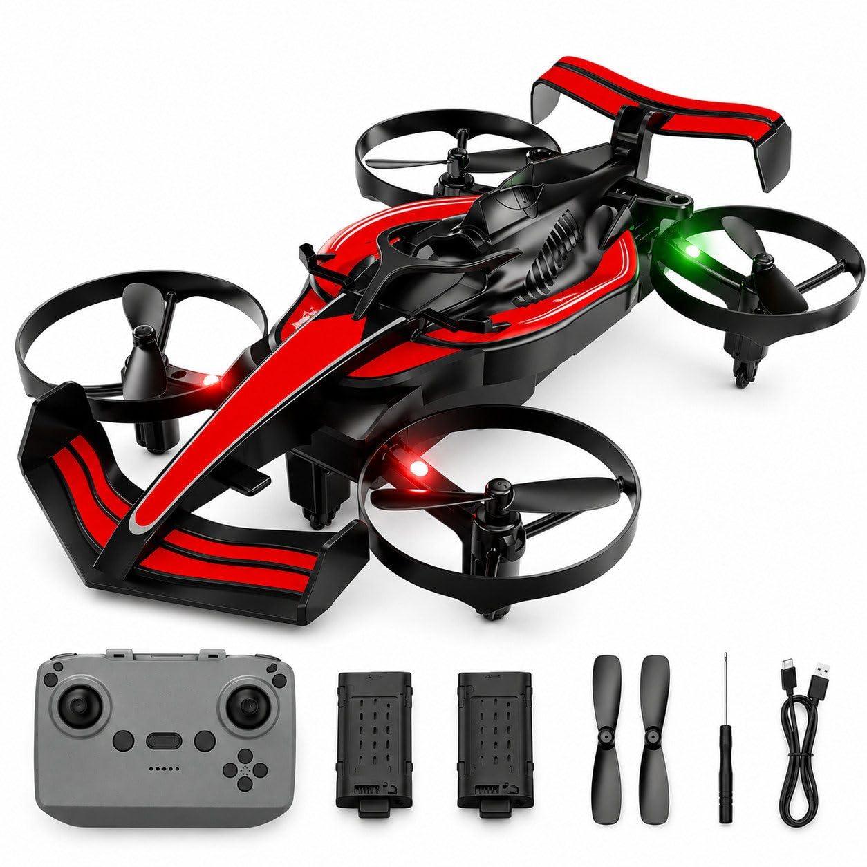 RC Flugauto 2 in 1, Fliegendes Auto mit Fernsteuerung, RC Drone Auto mit LED Beleuchtung, Drift Car & Quadrocopter, 2,4 GHz, Headless Mode, EIN-Tasten-Start, 2 Akkus, Kinder (Rot)