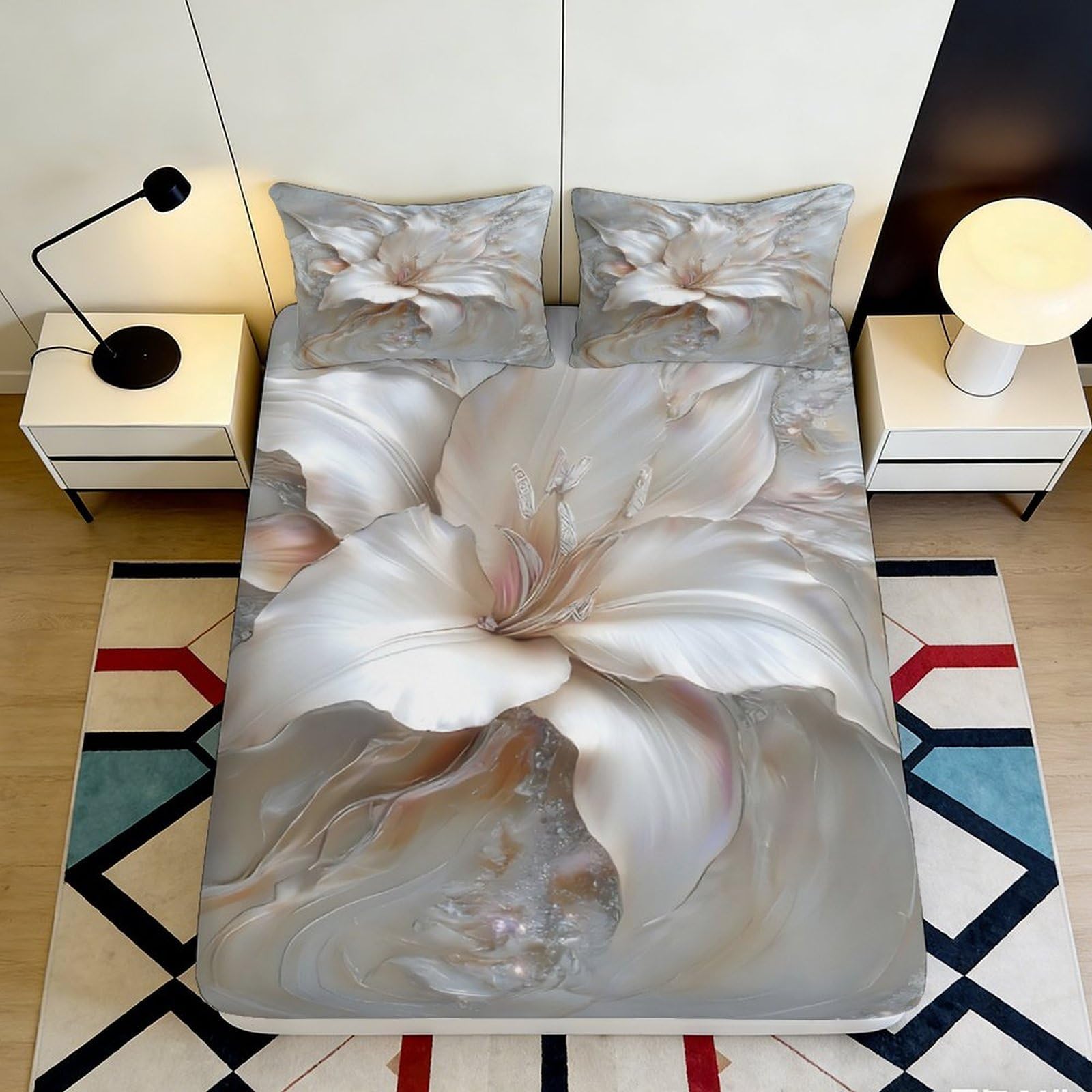 Pnayamiorkfel Style-4 3D Printed Elegant White Lily Fitted Sheet Microfiber Soft Floral Pearl Mattress Cover For Bedroom Guest Room Decor 90X200x25cm
