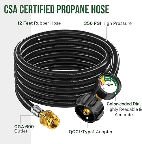 Miniatura 9 de Adaptador de manguera de propano de 12 pies de 1 libra a 20 libras, manguera de tanque de propano con calibre, adaptador de propano de 20 libras a 1