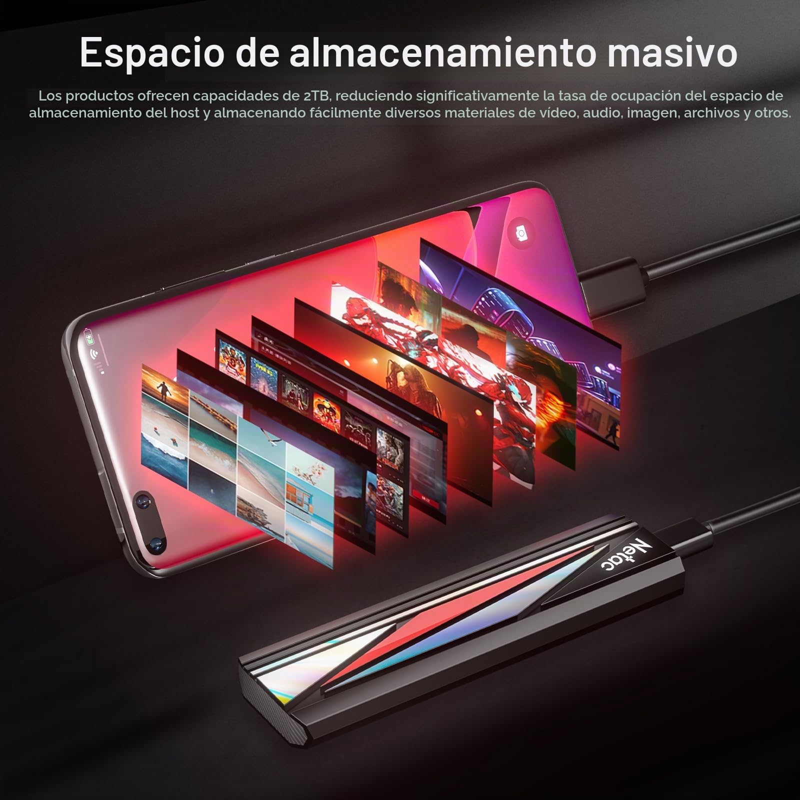Netac SSD Externo portátil de 2 TB. hasta 2000 MB/s de Lectura/Escritura, Unidad Externa de Estado sólido USB 3.2 Gen2x2