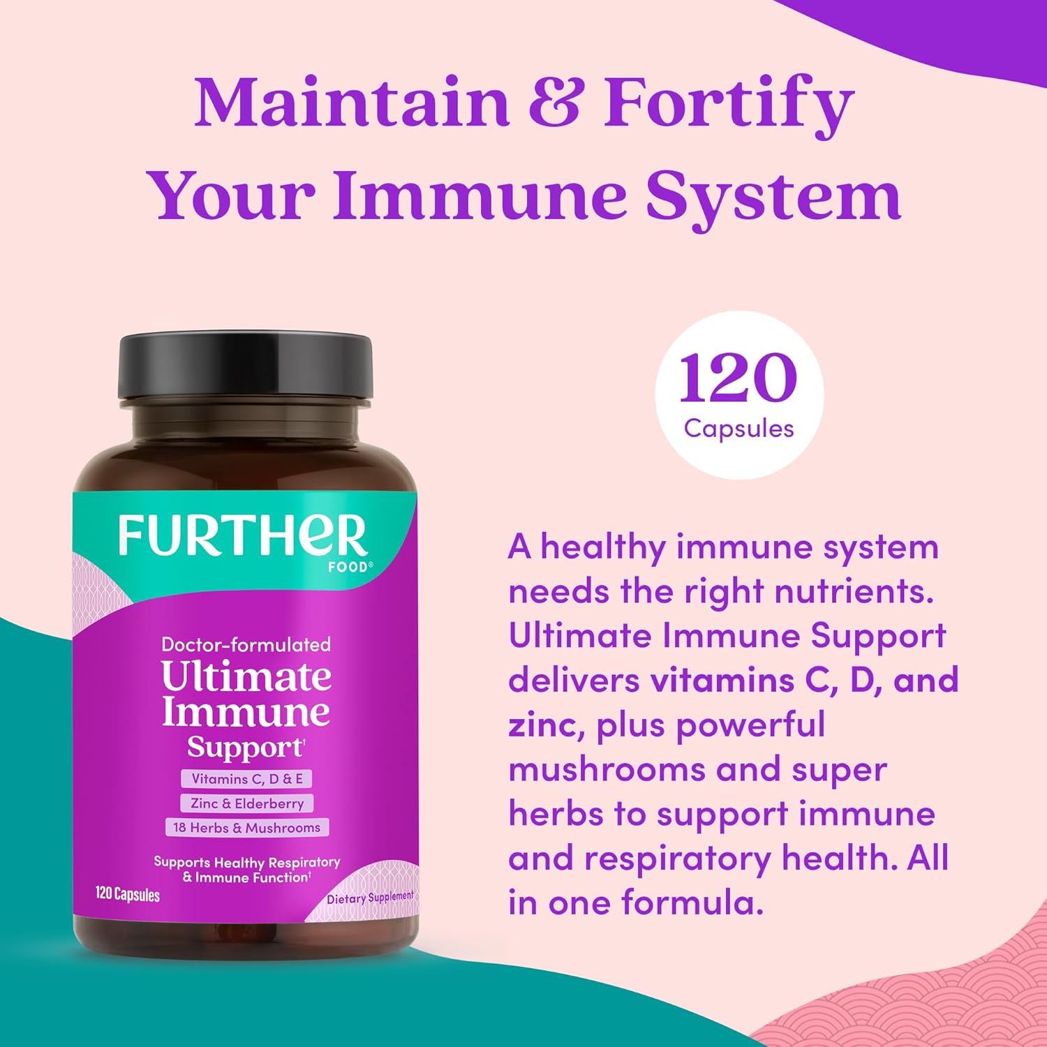 Further Food Ultimate Immune Support Capsules with Vitamins C, D, E & Zinc – Natural Herbal Supplement with Antioxidants for Immune & Respiratory Support, 120 Vegan Capsules