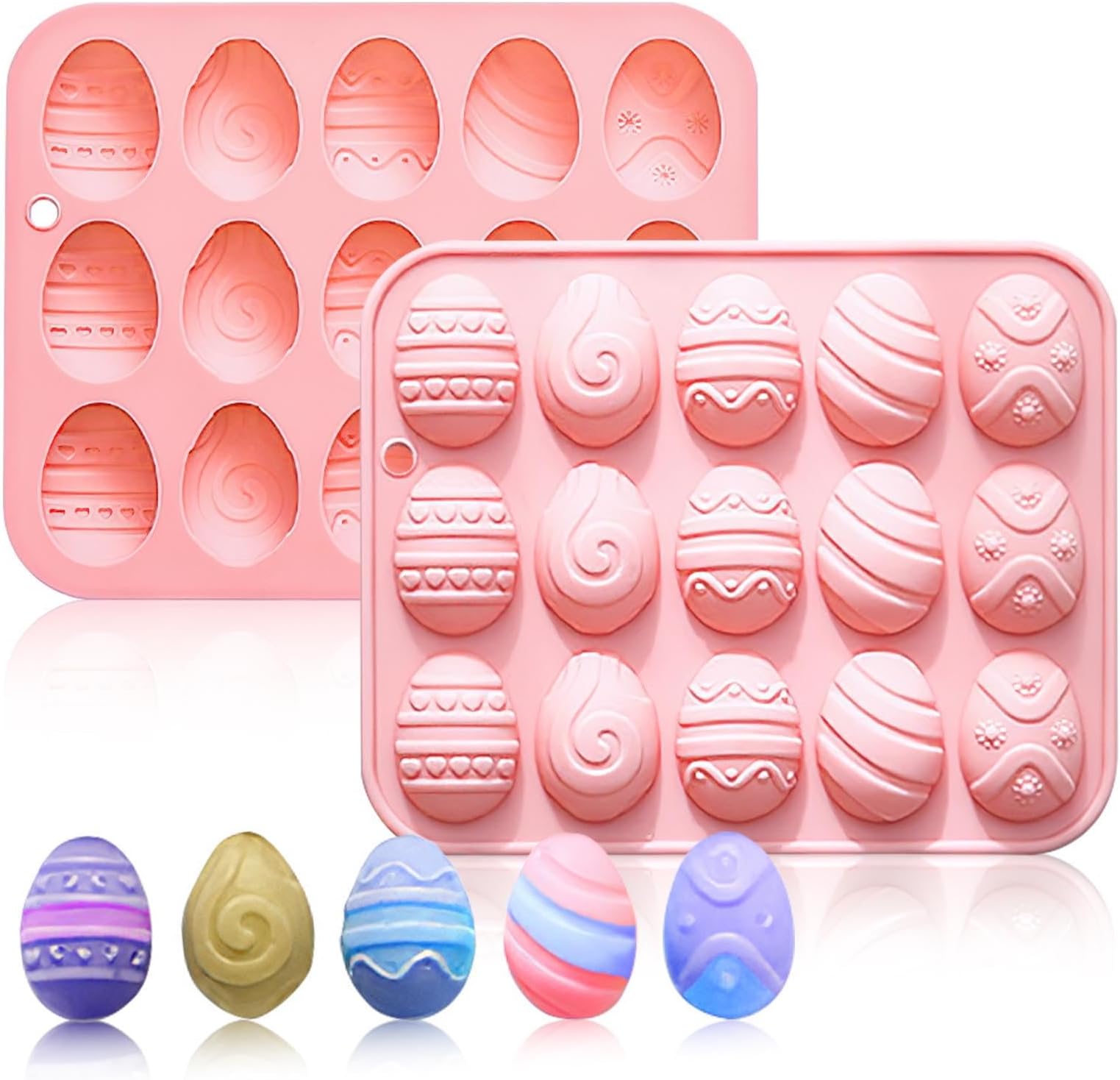 Easter Eggs Candy Silicone Molds, Egg in 5 Different Patterns Shaped Baking Chocolate Moulds, 15 Cavity Ice Baking Tray for Cake Desserts Making - 2 Pack【Mini Size】