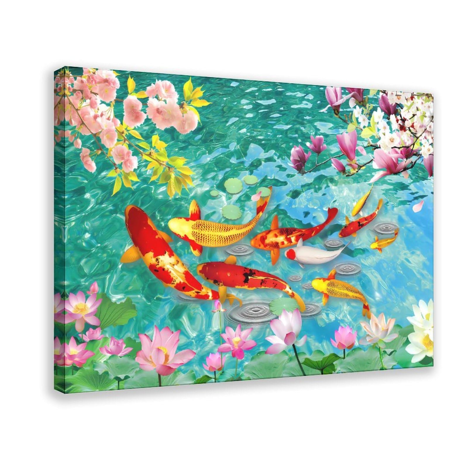 QNVJQKDSI Feng Shui Koi Fish Art Canvas Poster Bedroom Decor Landscape Office Room Decor Gift 16" L X 24" W
