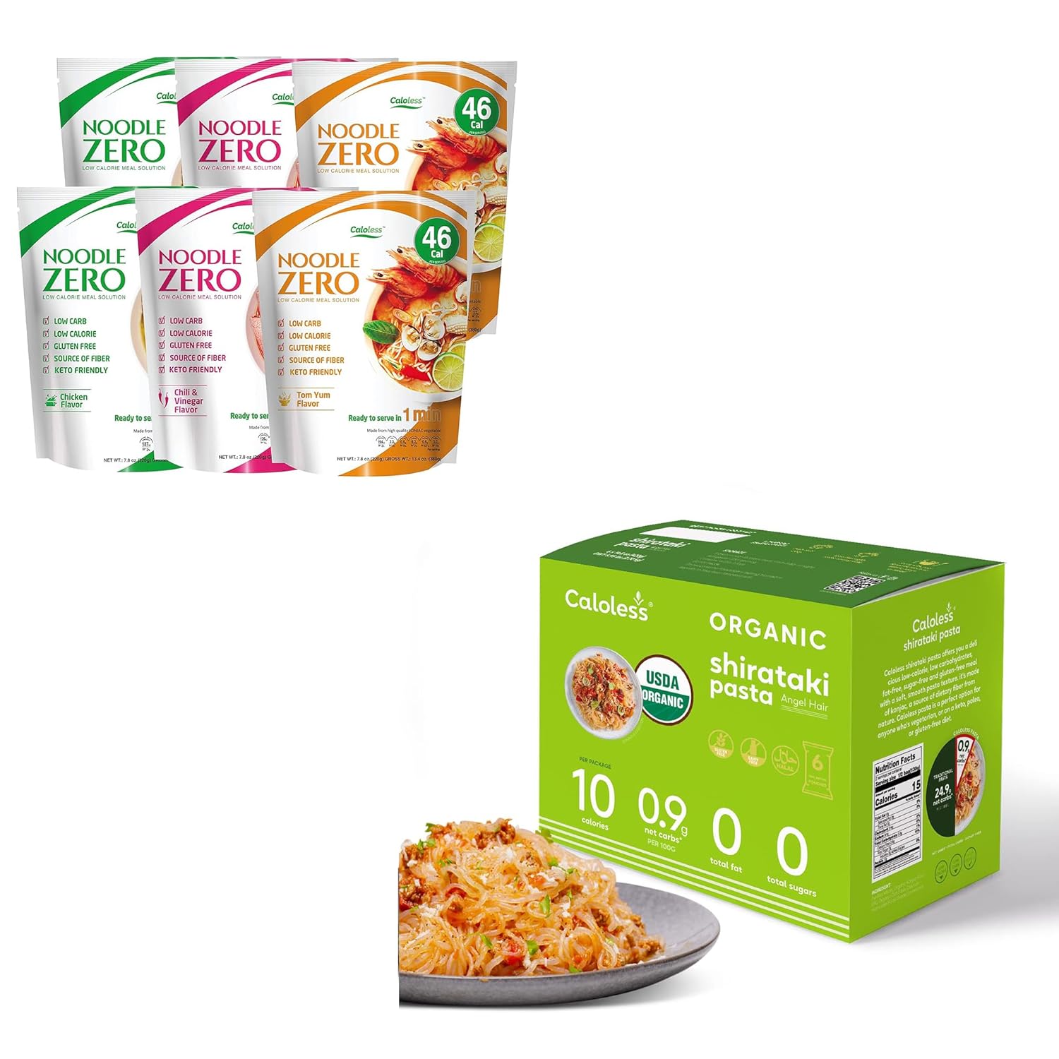 Caloless Konjac Shirataki Noodles 12-Pack Low Calorie Healthy Food (Chicken/Tom Yum/Chilli & Vinegar) + Gluten Free, Vegan, Keto &Paleo Friendly, Low Calorie Food(Angel Hair)