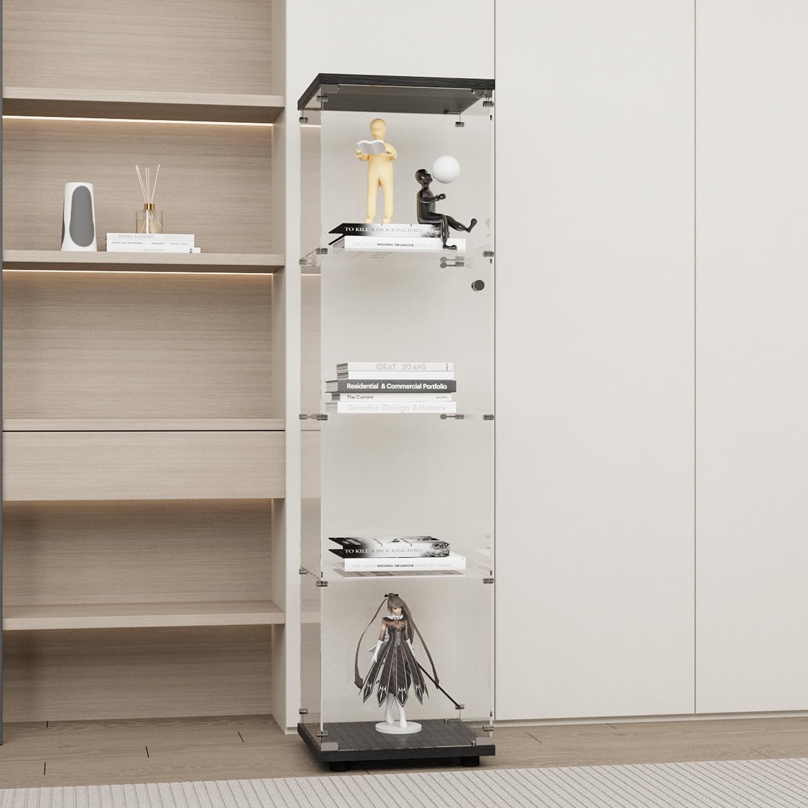 GDJAASJI Display Cabinet with Glass Door and Lock, 4-Shelf Fast Installation Curio Cabinets with 5mm Tempered Glass Floor Standing Bookshelf for Bedroom, Living Room (64" Hx 16.7" W x 14.3" D, Black)