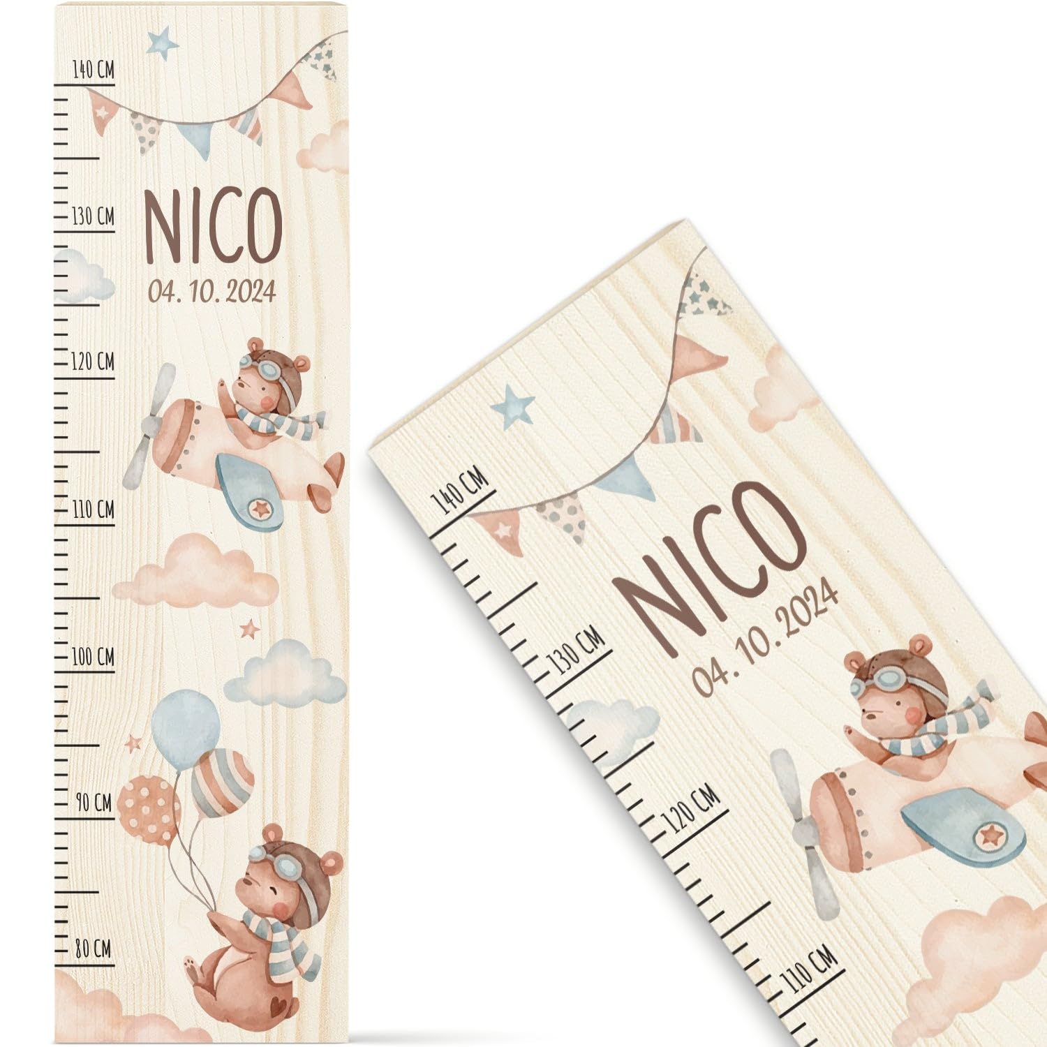 GRAVURZEILE Messlatte für Kinder aus Holz - Pilot - Personalisiert mit Namen für Kinderzimmer - Skala misst 80-140 cm - Größe 20 x 70 x 2 cm - Geschenk zur Geburt für Mädchen & Jungen