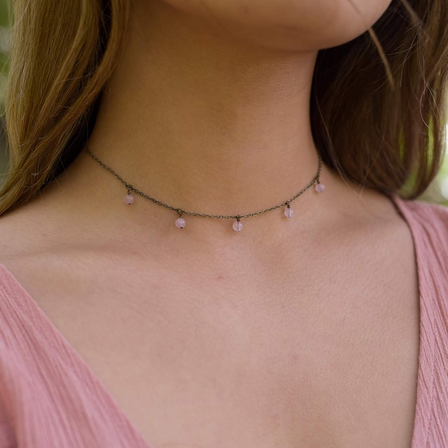 Luna Tide Rose Quartz Bead Drop Choker in Bronze