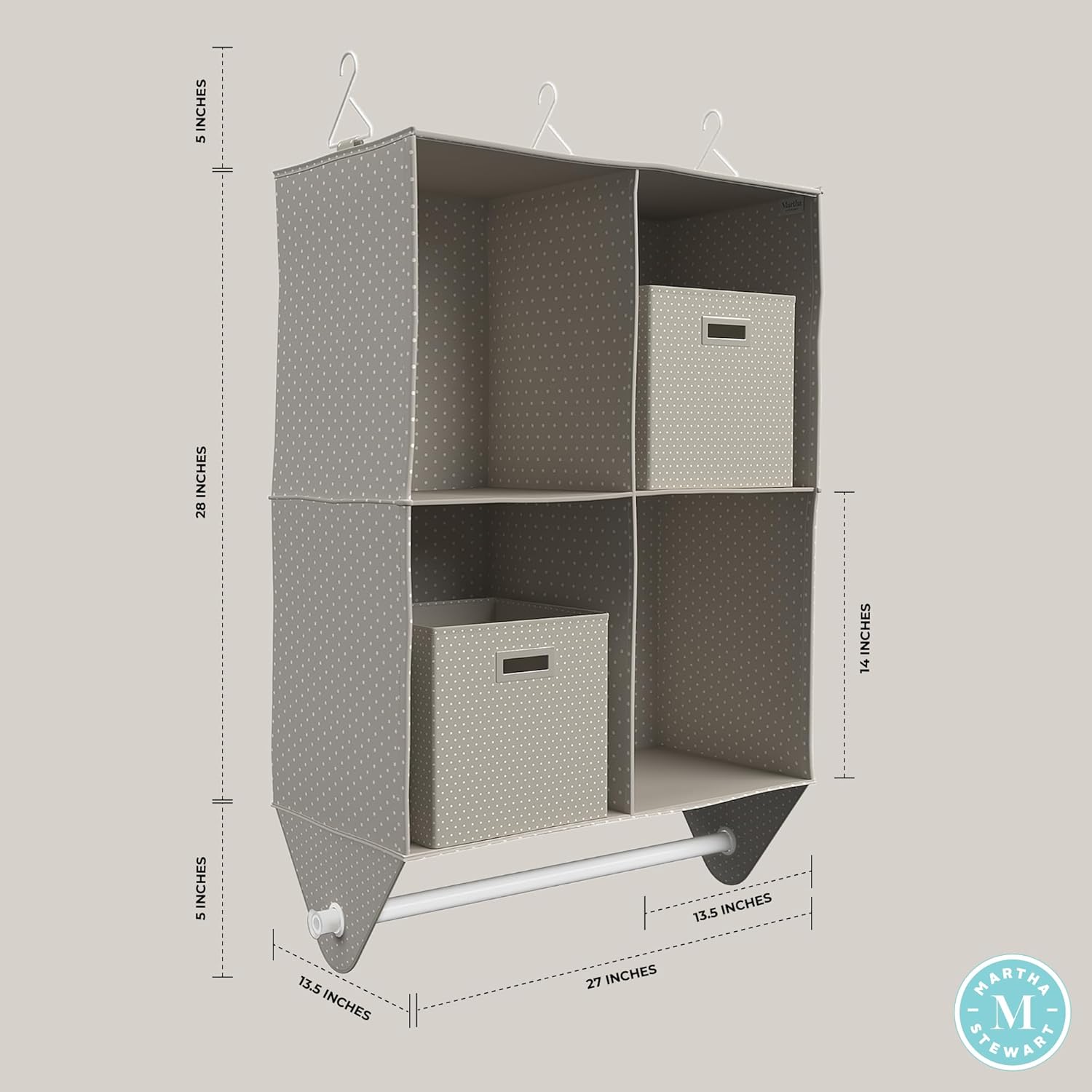 Martha Stewart Essential Closet Home Storage and Organization for Storing Sweaters, Blankets, Handbags, Hanging Shirts Accessories, 4-Shelf Hanging Organizer with 2 Craft Cubes, Cottage Dot