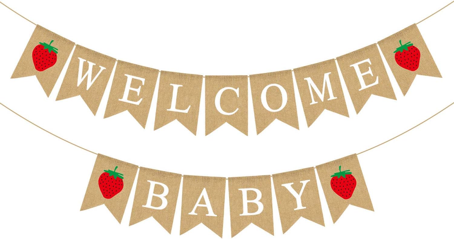 Jute Burlap Welcome Baby Banner with Strawberry Baby Shower Party Bunting Garland Decoration