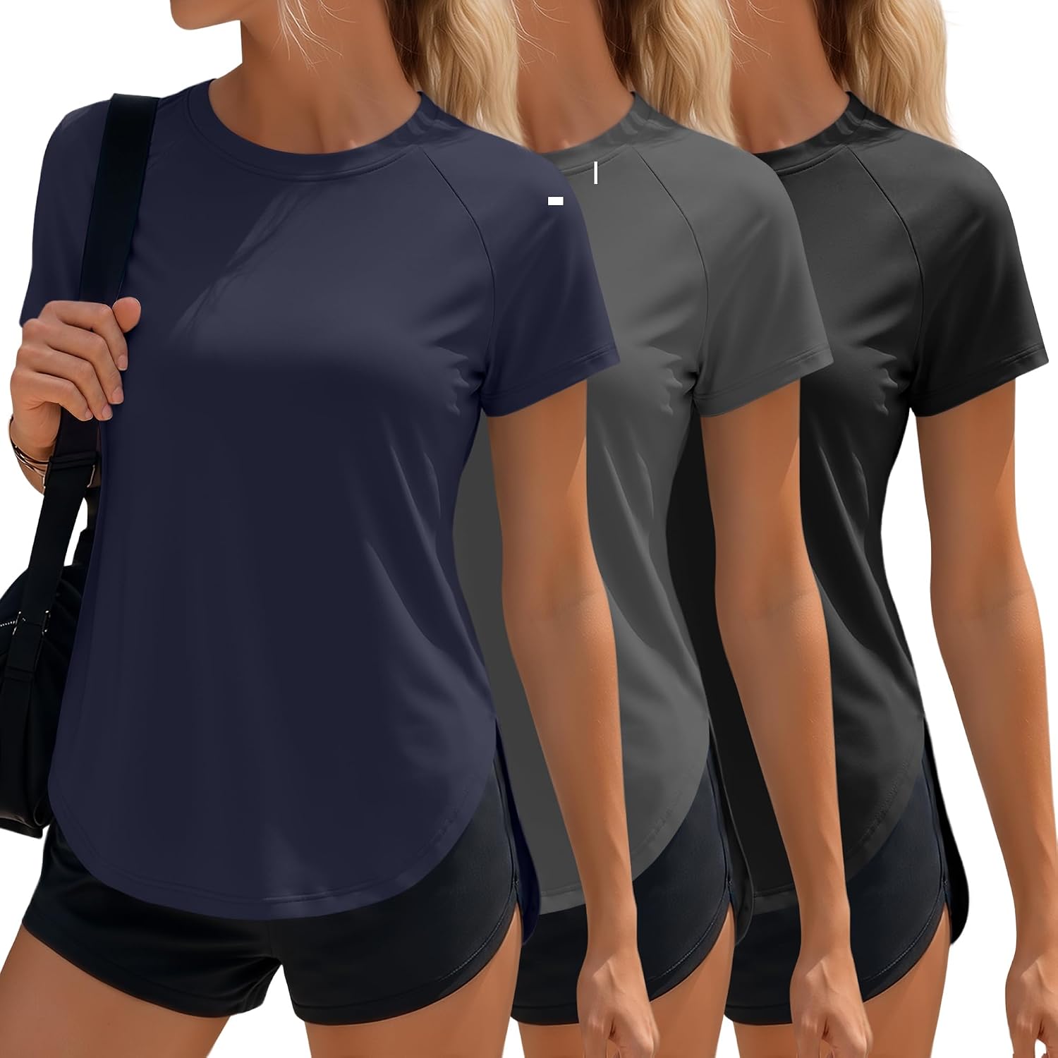 3 Pack Women's Short Sleeve Workout T Shirts Raglan Crew Neck Quick Dry Athletic Tees Basic Tops with Split Hem