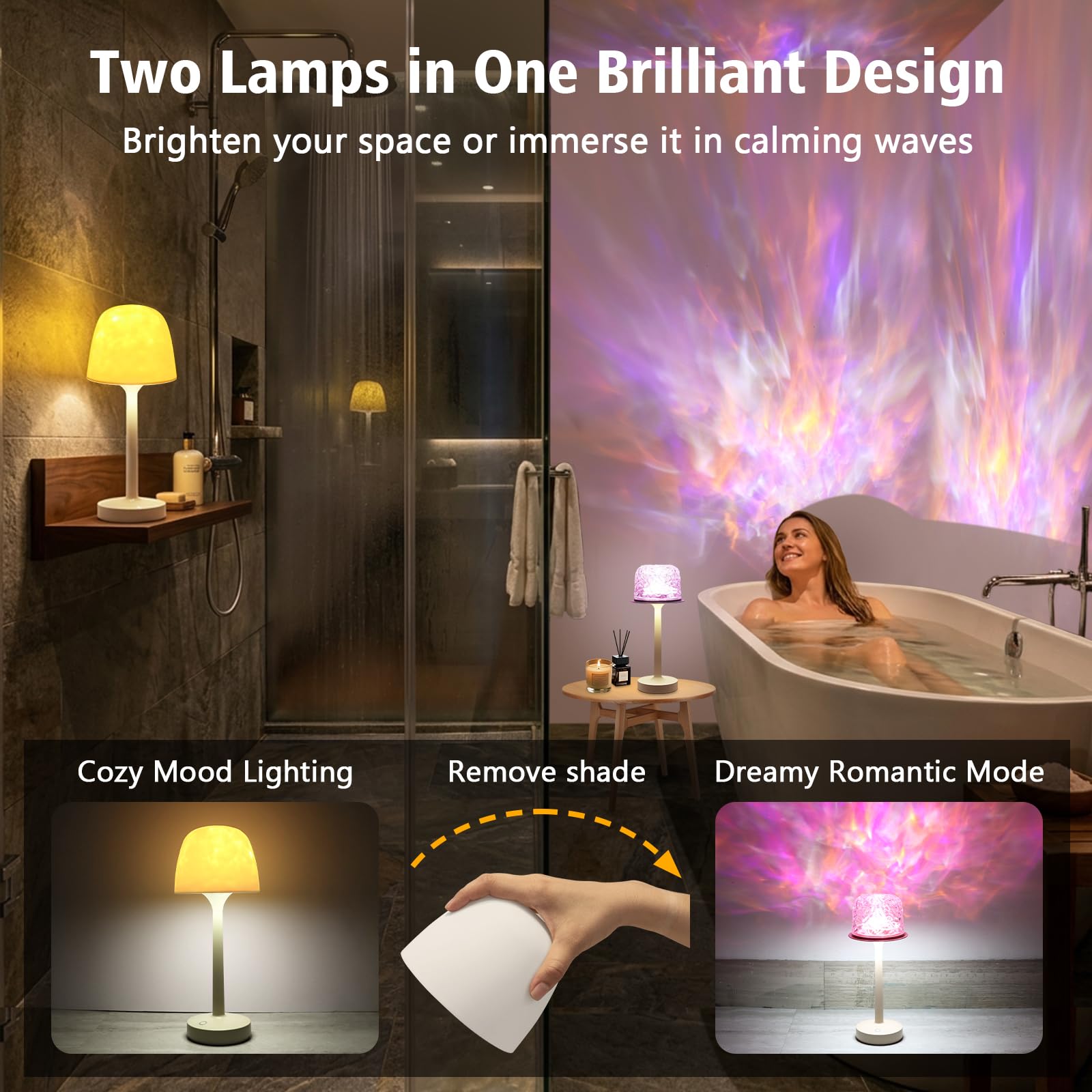 Waterproof Spa-Like Shower Lamp,16 Color Ocean Wave Projector Night Light for Inside Shower,Rechargeable Shower Light with Touch & Remote Control for Room Decor,Gifts for Women, Couples - 3