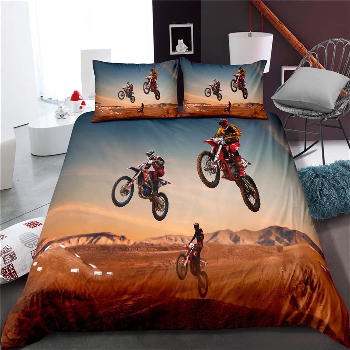 Housse de couette sport extrême 3D pour chambre d'ado passionné de moto cross