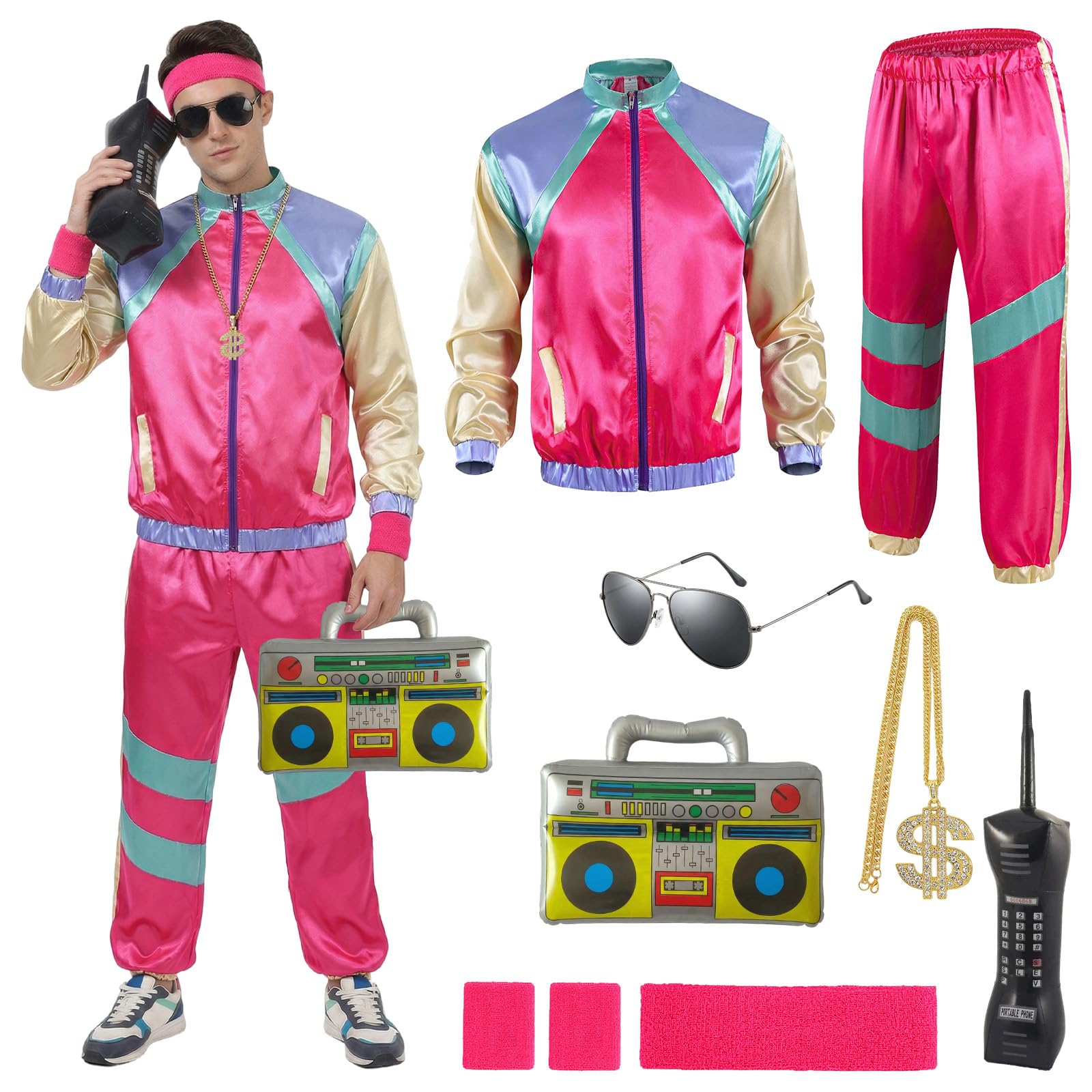 Xerteam 80s 90s Fancy Dress Men with Accessories, Retro 80s 90s Hip Hop Outfit for Adults, 80s Fancy Dress Set with 1 Sportswear Shirt Pant Hat Necklace Balloon Glasses (Red 2, M)