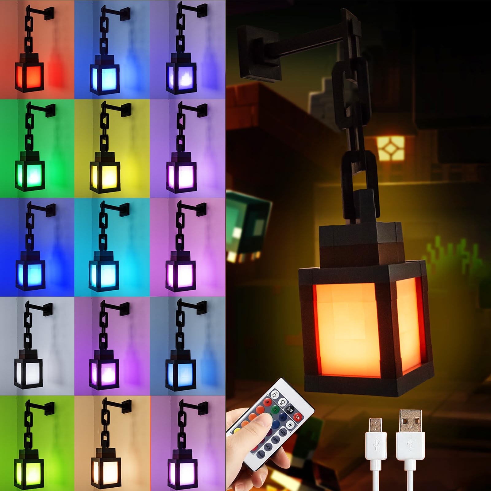 Pixelated Lantern Night Light - USB Rechargeable Night Lamp - 16 Colors LED Mood Light Touch Switch & Remote Control - Wall or Table Mounting Lights, Ideal for Room, Nightstand, Game Room Decor, Gifts