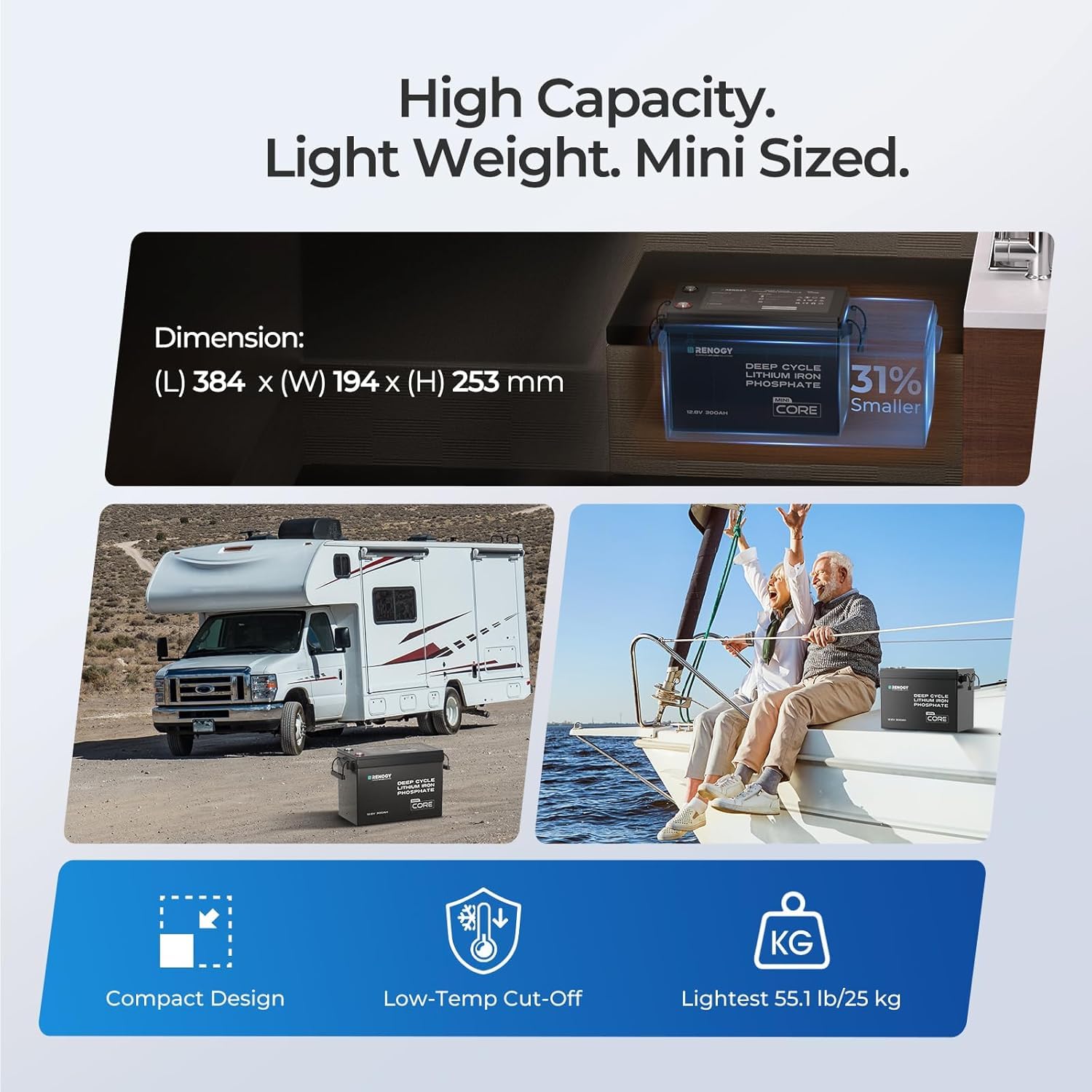 Renogy 12 V 300 Ah Core Mini LiFePO4 batteria al litio fosfato di ferro, migliorata 200 A, BMS 5000 cicli, funzione di protezione dal freddo, batteria al litio per camper, impianto solare, roulotte