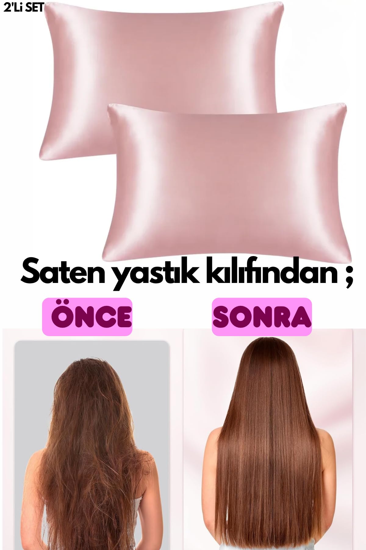 Ipeksi Saten 50x70 Cm Yastık Kılıfı 2 Adet, Kıvırcık Saçlar,Dalgalı ve Düz saçlar, Bordo 2 Adet Hediye Saten Toka,Cilt Dostıu,Cilt Bakım,Kozmetik,Hediyelik,Çeyizlik kullanılabilir (Pembe)