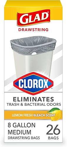 Glad Bolsas de basura medianas con cordón Clorox, 8 galones, aroma a limón fresco, 26 unidades