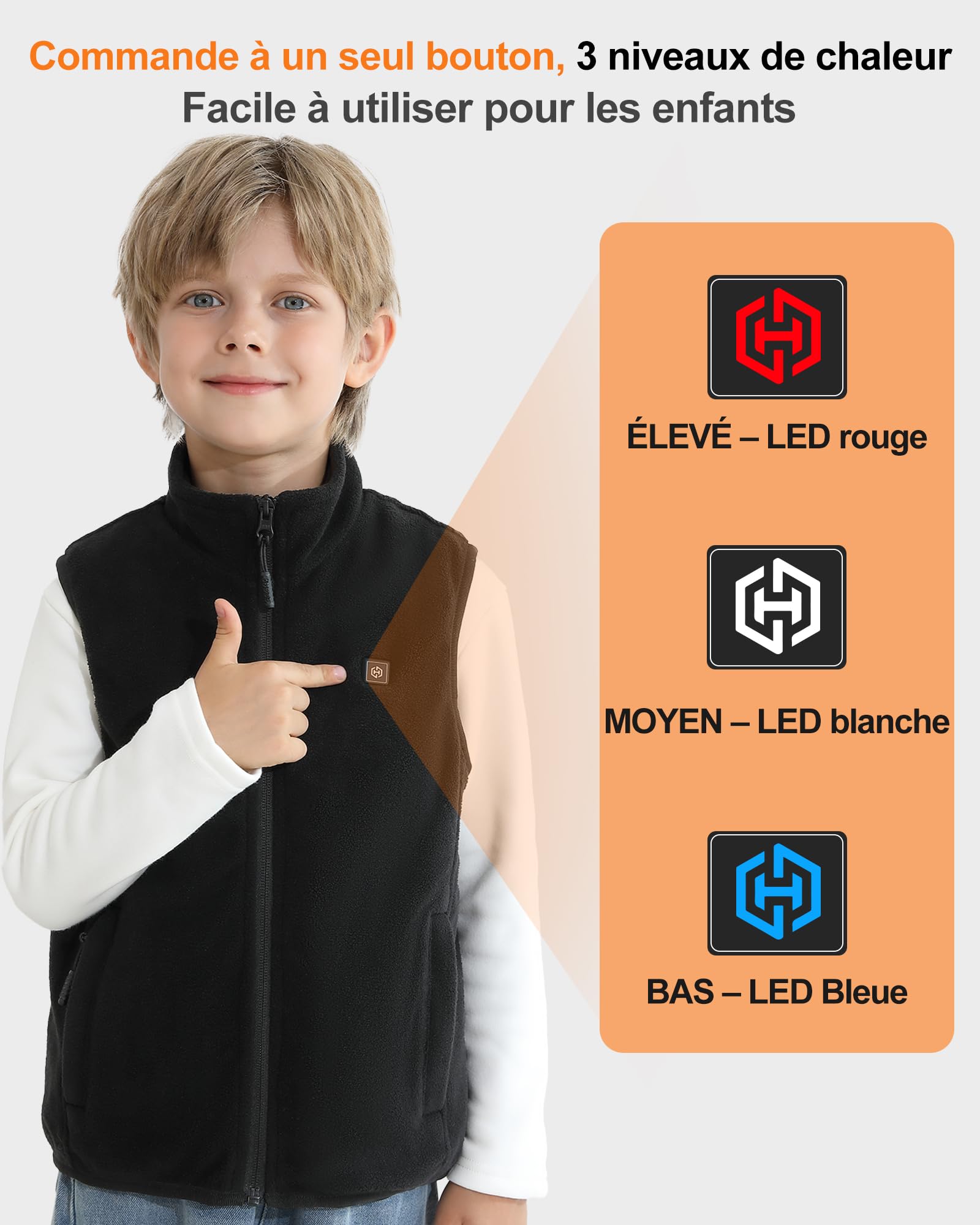 Gilet Chauffant Enfant avec Batterie 7,4 V 12000 mAh, Gilet Chauffant Enfants Polaire avec 5 Zones de Chauffage, Veste Chauffante Enfant Mixte enfant 5-14 ans pour Garçons Filles Hiver